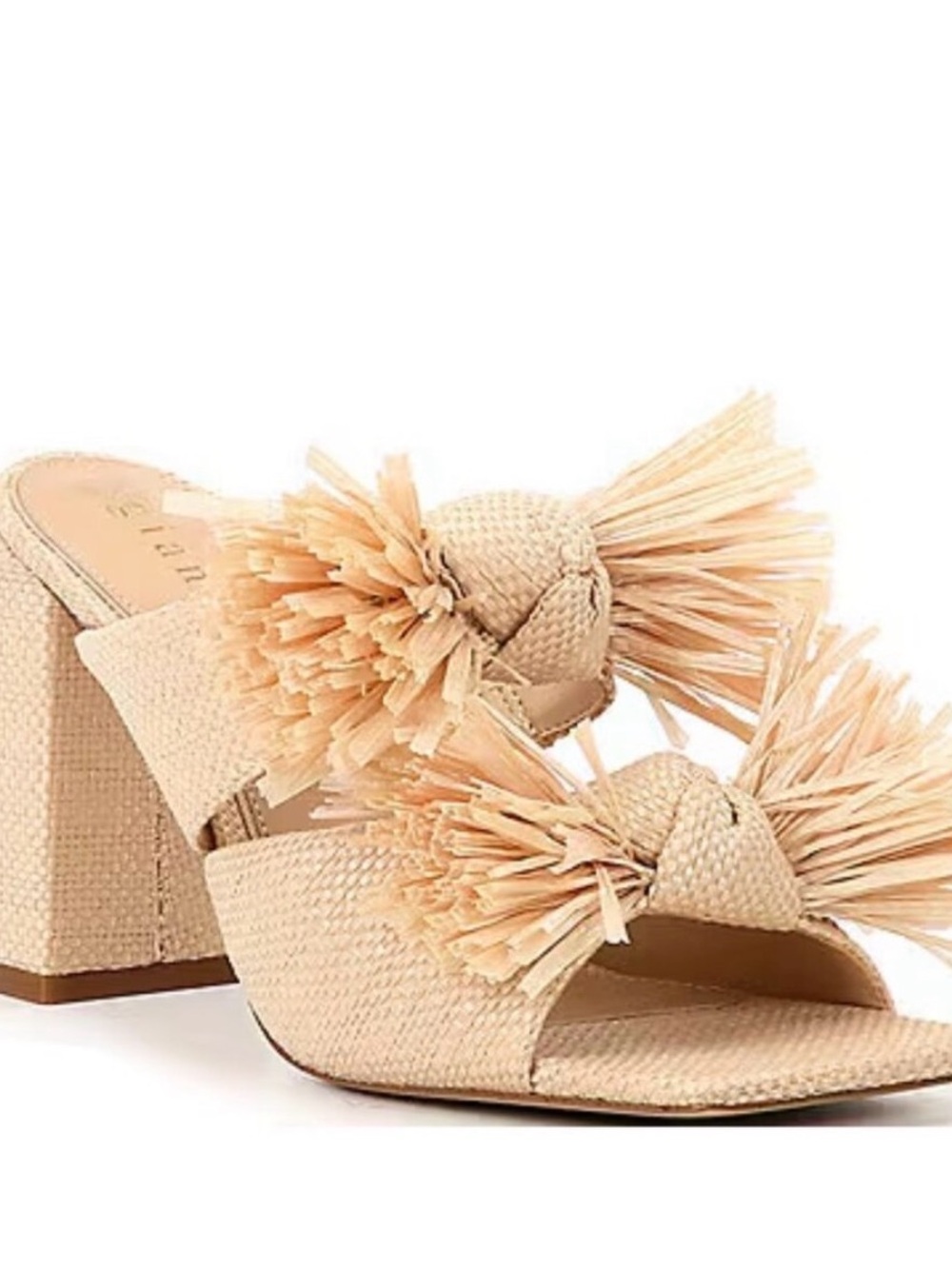 Gianni Bini Beige Raffia Pom Pom Block Heel Sandals
